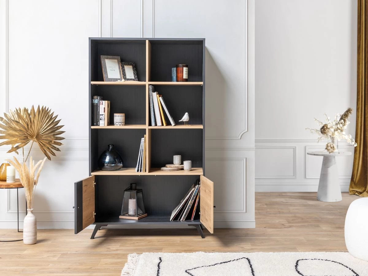 Bibliothèque H160 Cm ROMY Imitation Chêne Et Noir 4 Bibliothèque H160 Cm ROMY Imitation Chêne Et Noir – Image 2