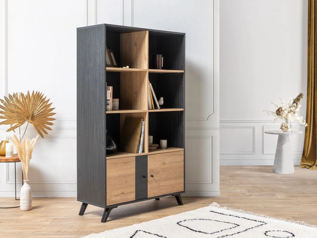 Bibliothèque H160 Cm ROMY Imitation Chêne Et Noir 5 Bibliothèque H160 Cm ROMY Imitation Chêne Et Noir – Image 3