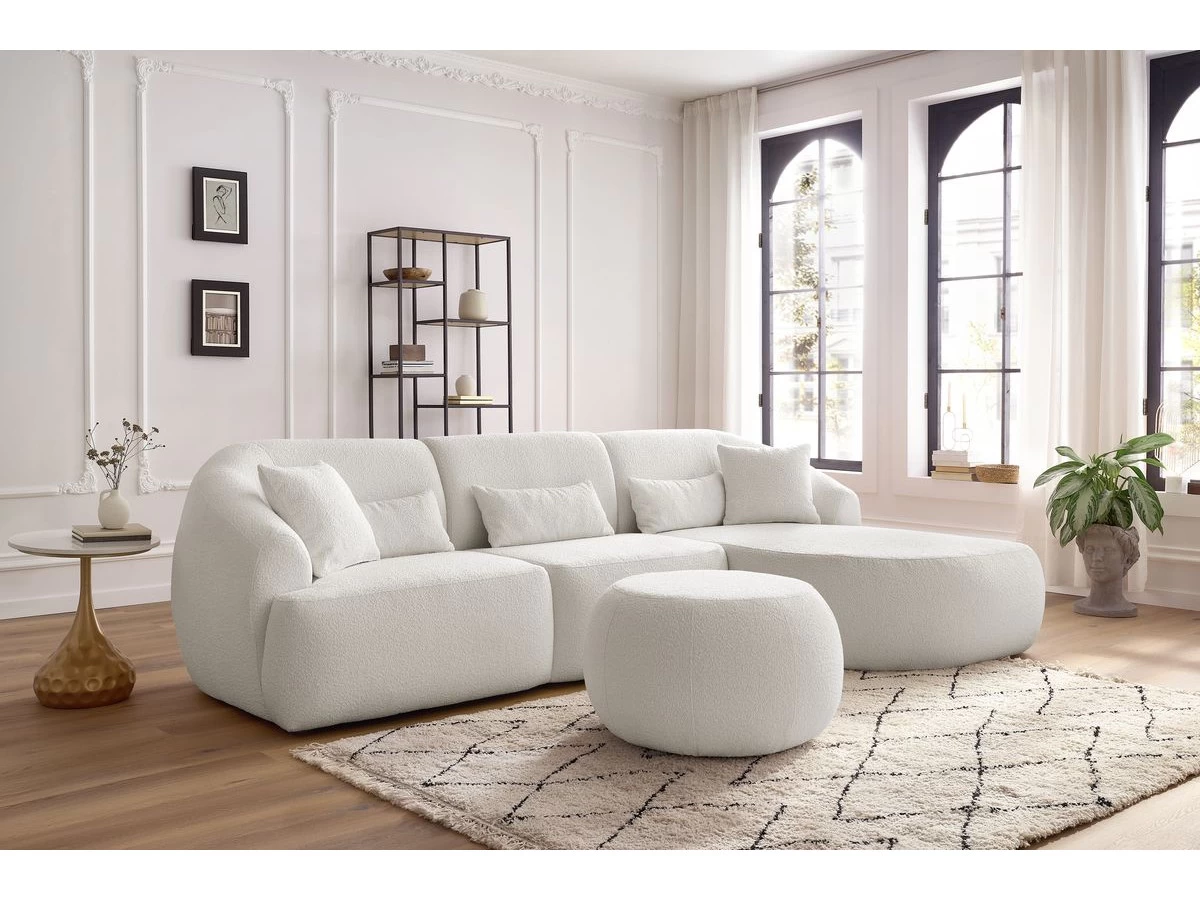 Canapé D'angle Fixe ALESIA Tissu Bouclette Avec Pouf 4 Canapé D'angle Fixe ALESIA Tissu Bouclette Avec Pouf – Image 2