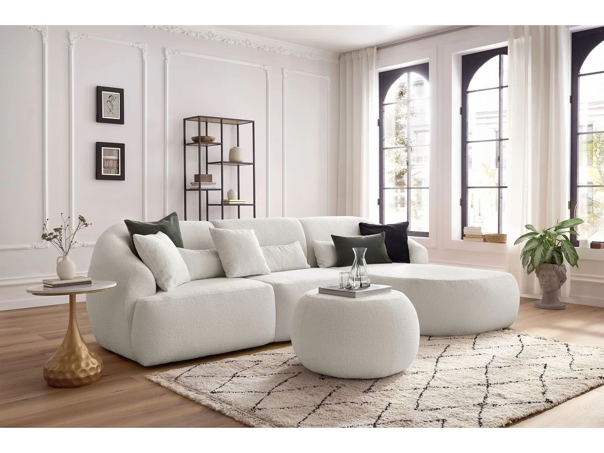 Canapé D'angle Fixe ALESIA Tissu Bouclette Avec Pouf 3 Canapé D'angle Fixe ALESIA Tissu Bouclette Avec Pouf