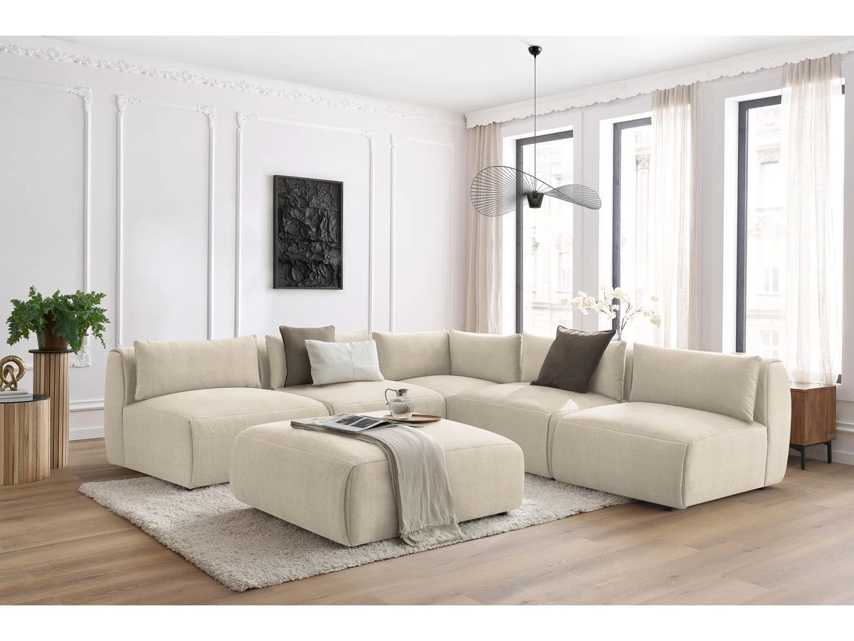 Canapé D'angle Fixe Modulable JEANNE Tissu Velours Avec 4 Chauffeuses, 1 Angle Et 1 Pouf 4 Canapé D'angle Fixe Modulable JEANNE Tissu Velours Avec 4 Chauffeuses, 1 Angle Et 1 Pouf – Image 2