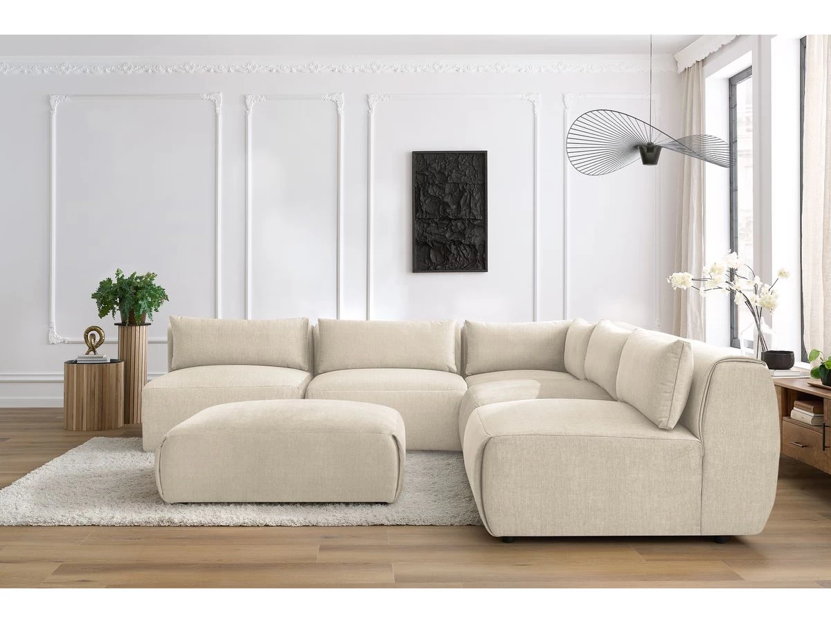 Canapé D'angle Fixe Modulable JEANNE Tissu Velours Avec 4 Chauffeuses, 1 Angle Et 1 Pouf 6 Canapé D'angle Fixe Modulable JEANNE Tissu Velours Avec 4 Chauffeuses, 1 Angle Et 1 Pouf – Image 4