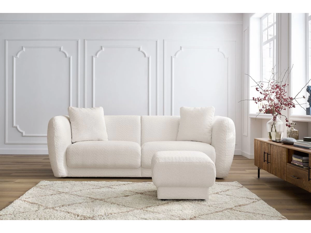 Canapé Droit Fixe 3 Places BOURBON Tissu Bouclette Avec Pouf 5 Canapé Droit Fixe 3 Places BOURBON Tissu Bouclette Avec Pouf – Image 3