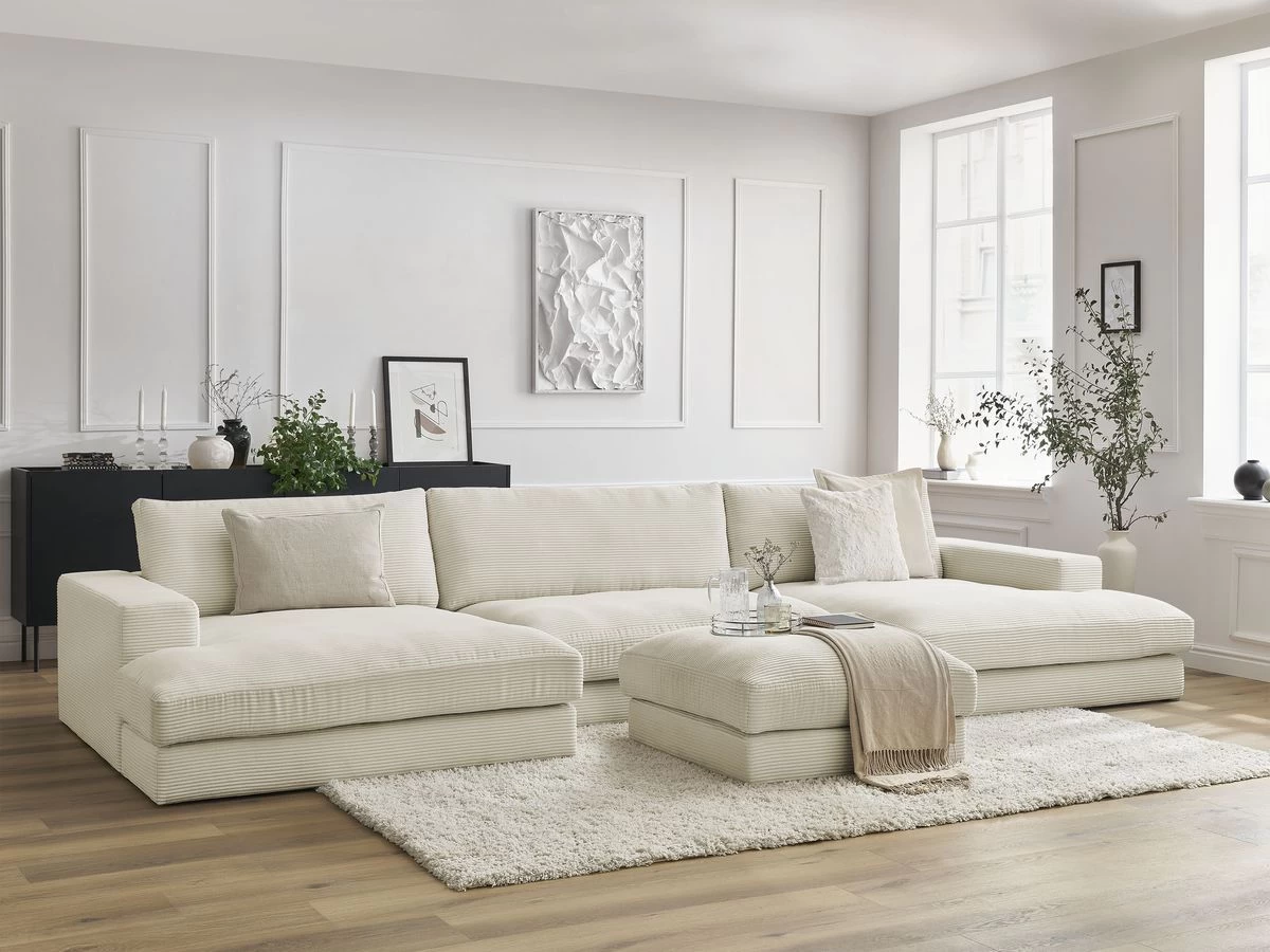 Canapé Panoramique Fixe LEONARD Velours Côtelé Avec Pouf 4 Canapé Panoramique Fixe LEONARD Velours Côtelé Avec Pouf – Image 2