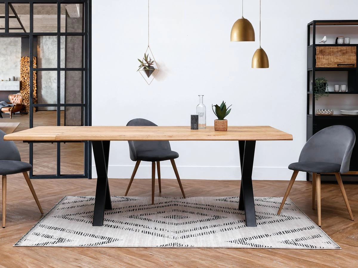 Ensemble AWANI Avec Table à Manger Extensible + Banc Pieds Croix Chêne Massif 7 Ensemble AWANI Avec Table à Manger Extensible + Banc Pieds Croix Chêne Massif – Image 5