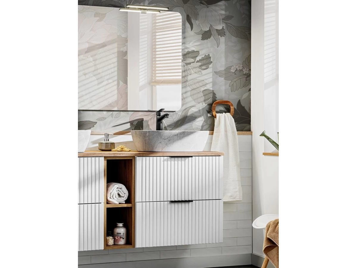 Ensemble De Salle De Bain 140 Cm HILONA Blanc Et Poignées Noirs Et Colonne (VASQUES NON INCLUSES) 2 Ensemble De Salle De Bain 140 Cm HILONA Blanc Et Poignées Noirs Et Colonne (VASQUES NON INCLUSES)