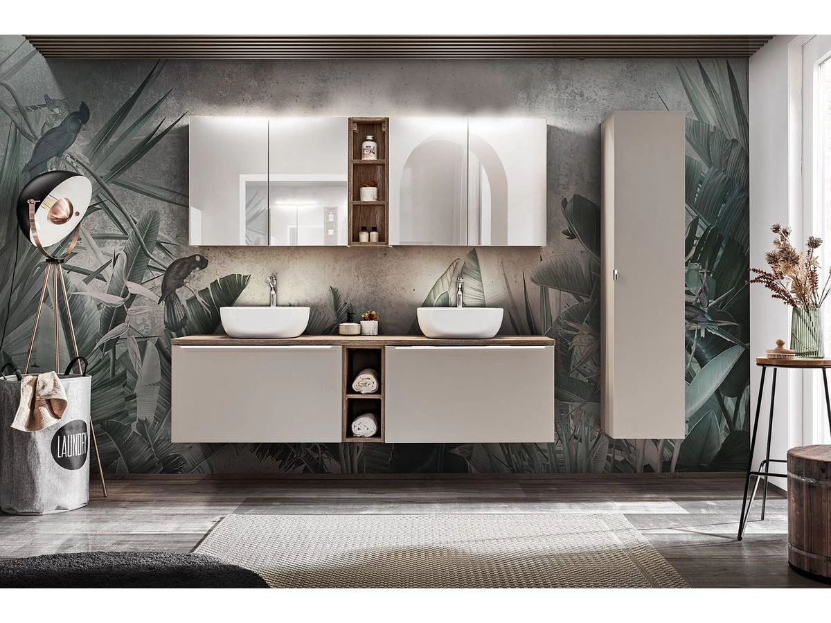 Ensemble De Salle De Bain 180 Cm FANNY Avec Colonne Et Armoires Murales 80cm Avec Miroirs Taupe 4 Ensemble De Salle De Bain 180 Cm FANNY Avec Colonne Et Armoires Murales 80cm Avec Miroirs Taupe â Image 2
