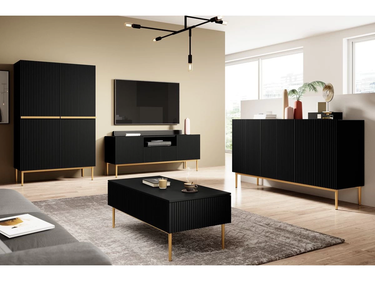 Ensemble KASHA Avec Meuble TV 200 Cm + Buffet 4 Portes 200 Cm + Buffet Haut 2 Portes 100 Cm Pieds Or 4 Ensemble KASHA Avec Meuble TV 200 Cm + Buffet 4 Portes 200 Cm + Buffet Haut 2 Portes 100 Cm Pieds Or – Image 2