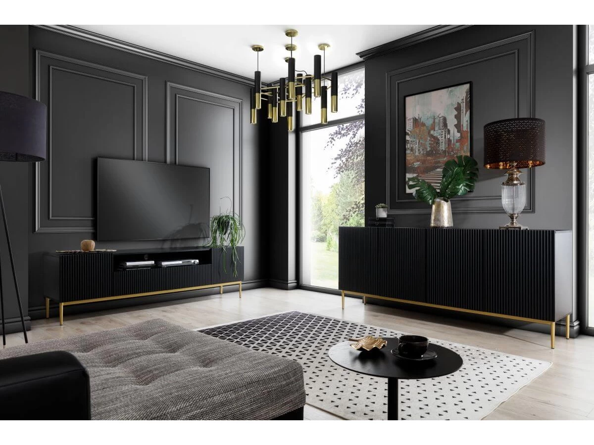 Ensemble KASHA Avec Meuble TV 200 Cm + Buffet 4 Portes 200 Cm + Buffet Haut 2 Portes 100 Cm Pieds Or 5 Ensemble KASHA Avec Meuble TV 200 Cm + Buffet 4 Portes 200 Cm + Buffet Haut 2 Portes 100 Cm Pieds Or – Image 3