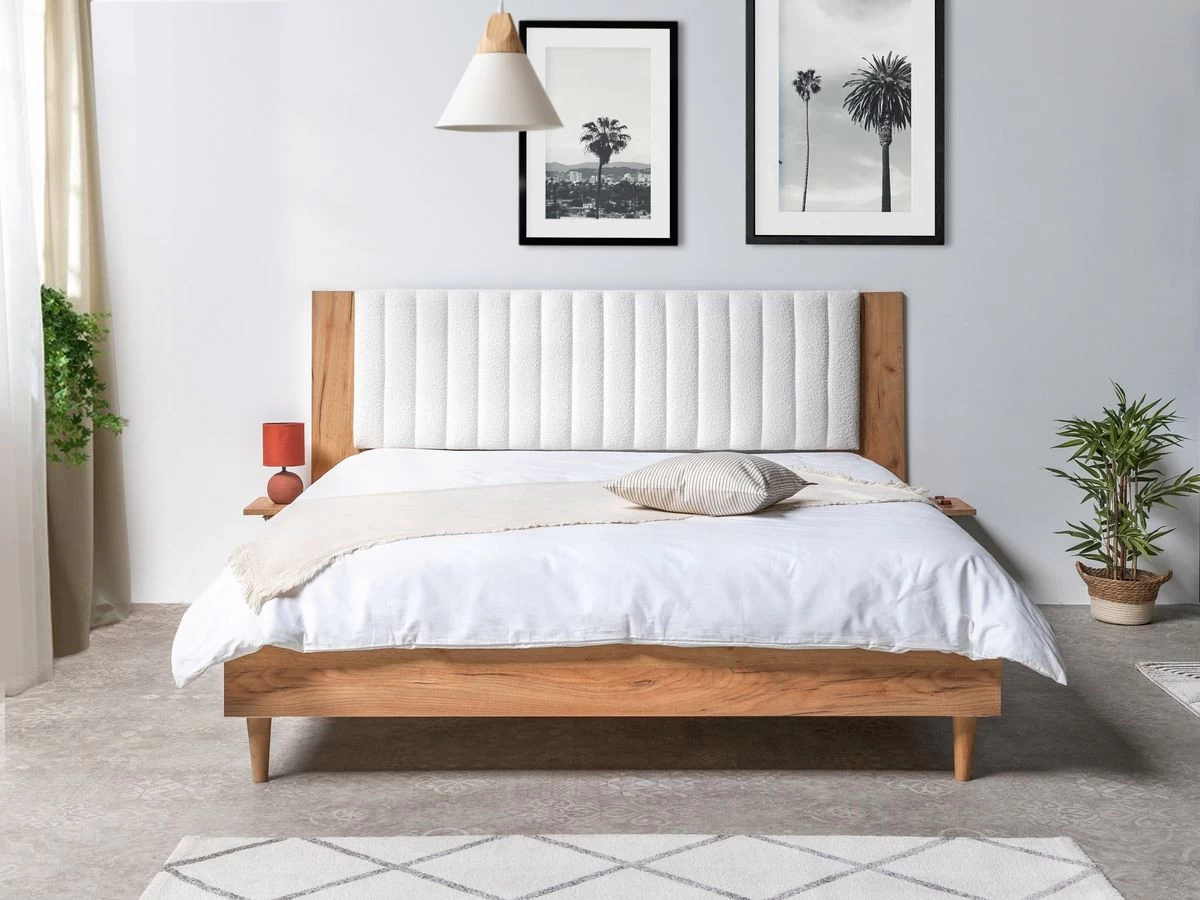 Lit 160x200 Cm SELENA Avec Pieds En Bois Naturel Et Tissu Bouclette 4 Lit 160x200 Cm SELENA Avec Pieds En Bois Naturel Et Tissu Bouclette – Image 2