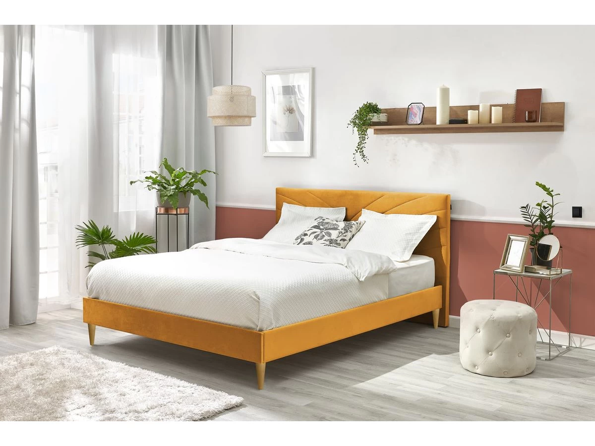 Lit 160x200 Cm VELVET Avec Lattes Massives Pieds En Bois Naturel 7 Lit 160x200 Cm VELVET Avec Lattes Massives Pieds En Bois Naturel – Image 5