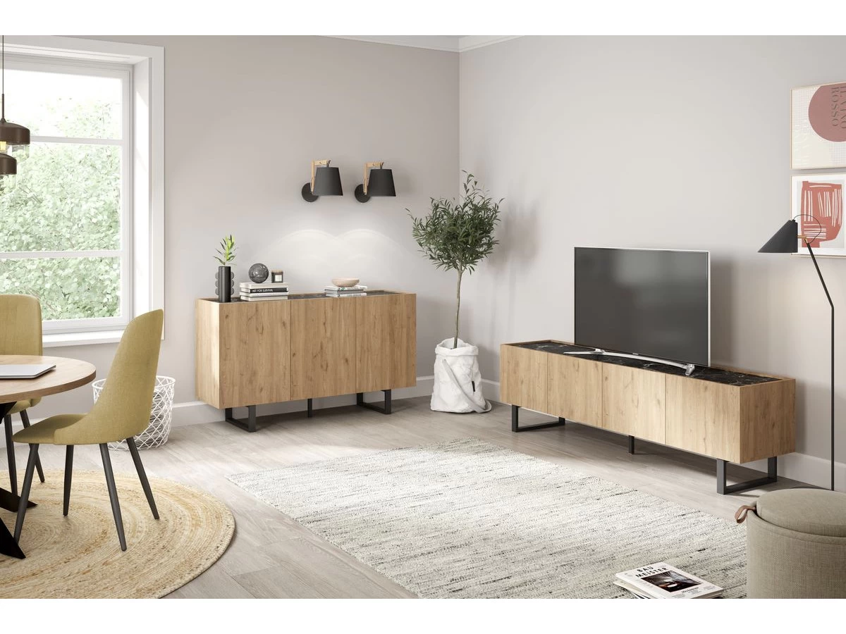 Meuble TV 180 Cm OPERA Effet Chêne Et Imitation Marbre Noir 6 Meuble TV 180 Cm OPERA Effet Chêne Et Imitation Marbre Noir – Image 4
